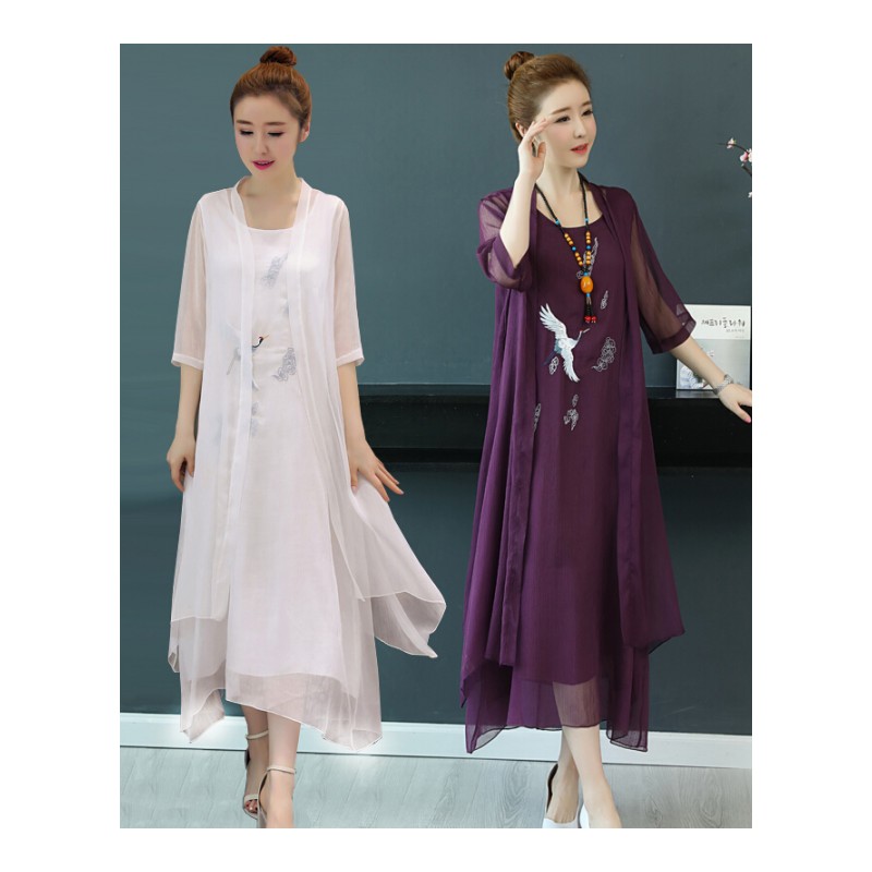 刺绣棉麻连衣裙两件套女夏2018新款中国风仙女套装亚麻显瘦长裙子