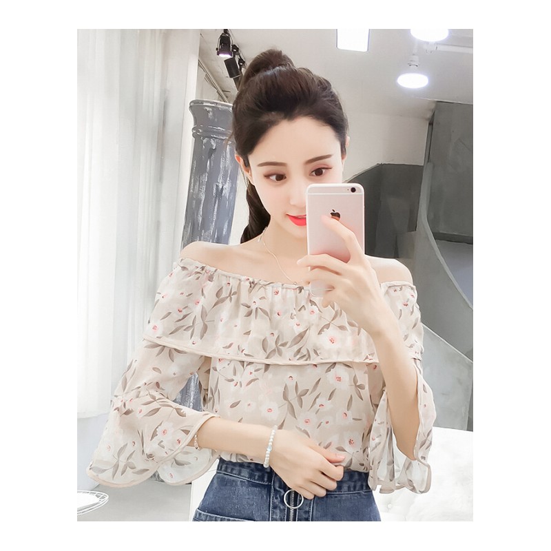 雪纺衫女夏装2018新款韩版甜美宽松碎花小衫短袖超仙一字肩上衣潮