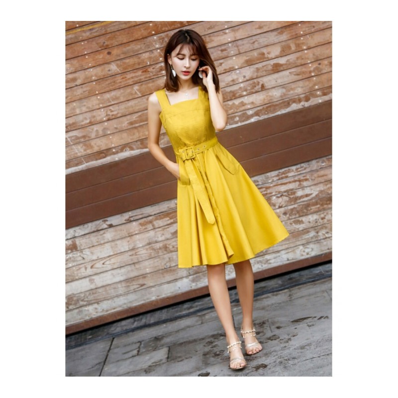 夏季2018新款复古收腰背带裙pphome冷淡风极简中长款带连衣裙女芒果黄