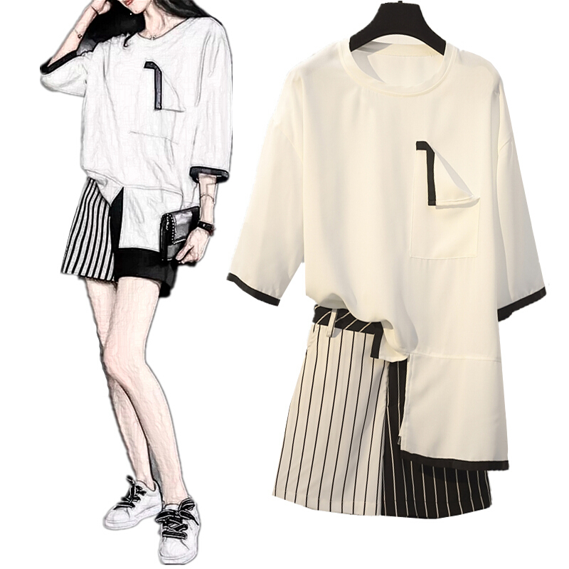 2018夏装新款大码女装胖mm爱短裤套装宽松显瘦洋气雪纺两件套潮白色上衣+条纹裤子