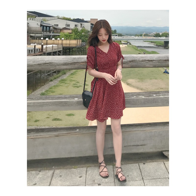 2018温柔仙女韩版chic波点气质雪纺百搭小清新中长款公主连衣裙女