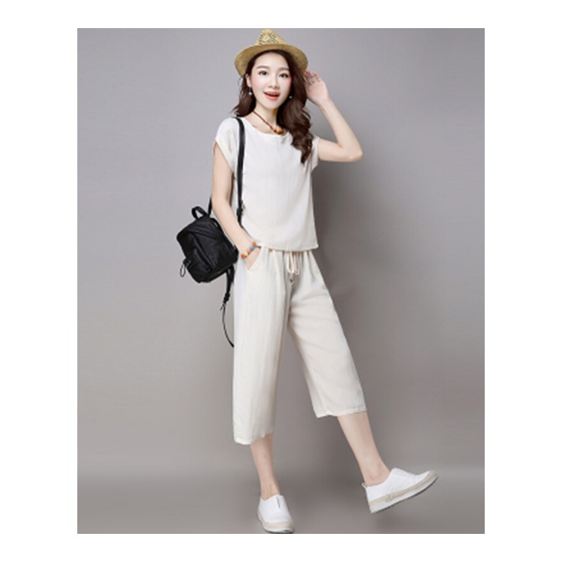 2018春夏季新款韩版大码休闲短袖亚麻套装女气质七分裤棉麻两件套