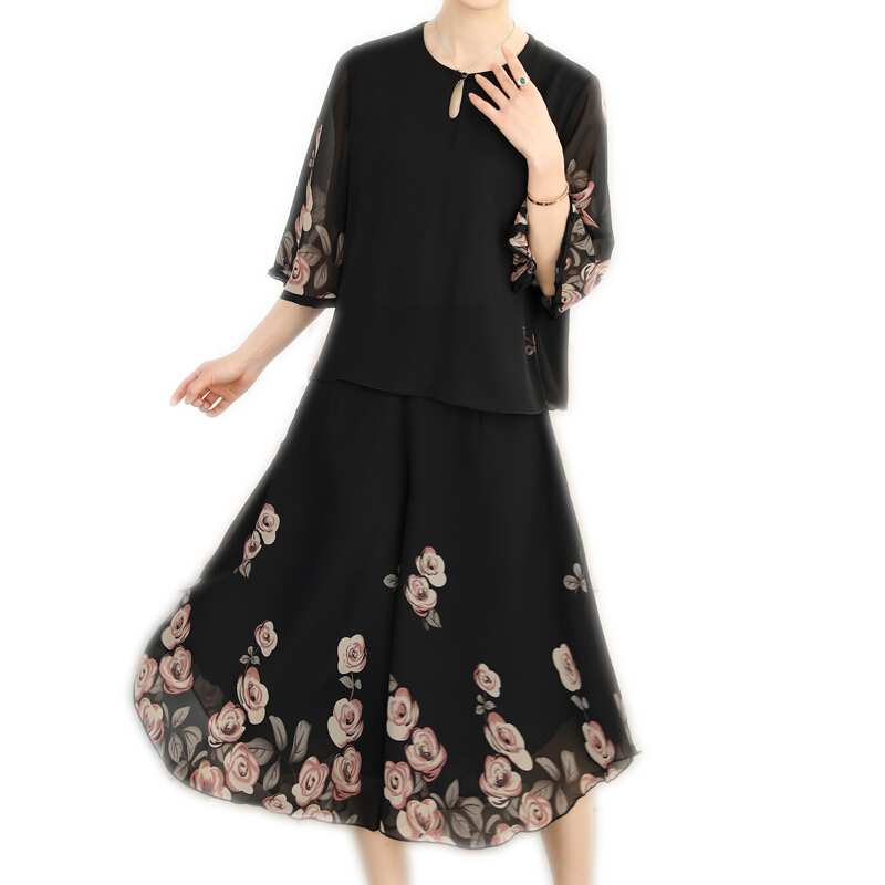 母亲节胖妈妈夏装雪纺套装女中老年40-50岁宽松T恤阔腿裤两件套薄粉色XL建议90-105斤