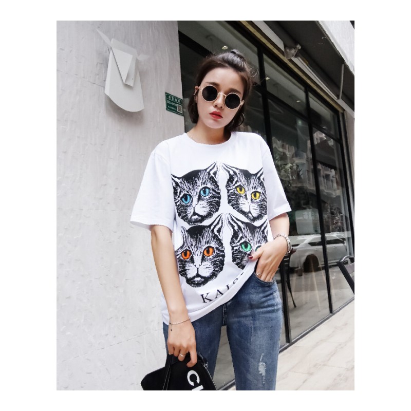 2018新款夏四猫头短袖T恤女心机宽松情侣装体恤韩范粉紫色上衣