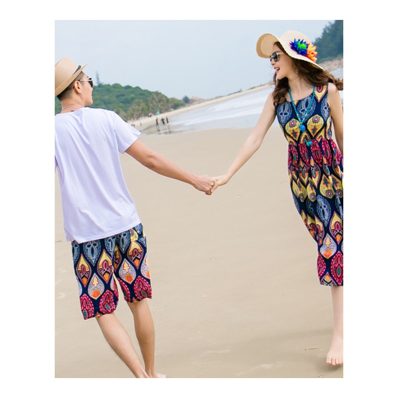 沙滩情侣装夏海边套装新款泰国蜜月长裙加大码棉绸连衣裙三亚度假