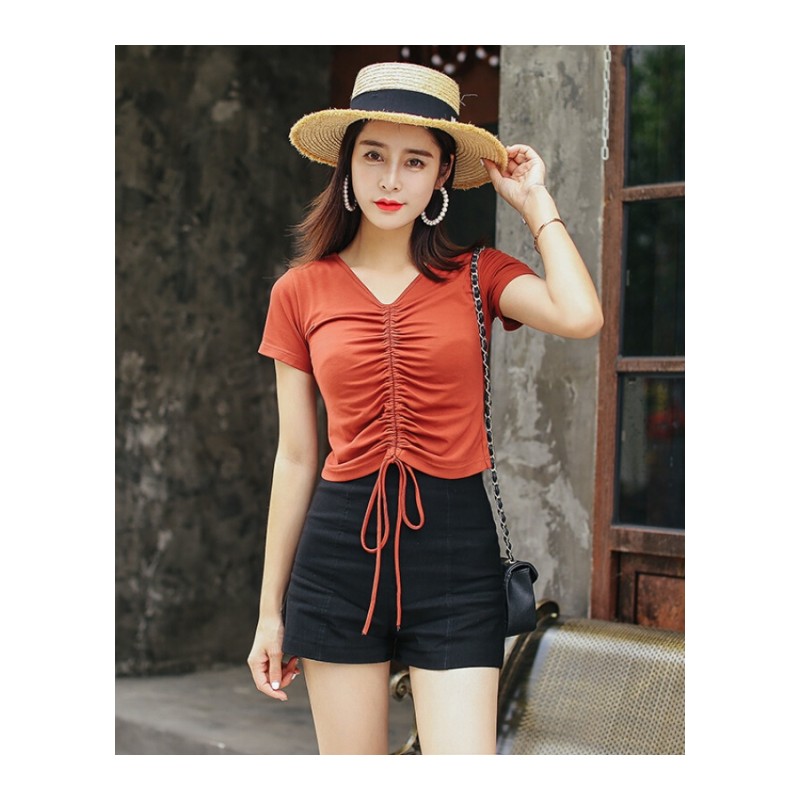 2018夏季新款显瘦V领露脐紧身短款高腰棉T恤女修身抽绳系带上衣