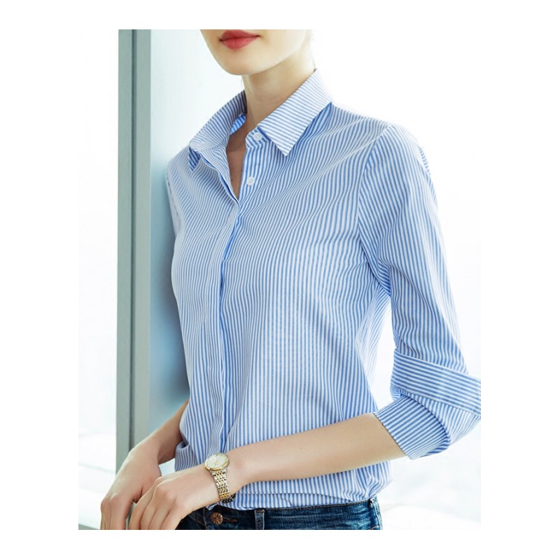 条纹衬衫女2018春装新款蓝白竖条纹长袖修身显瘦职业打底衬衣浅兰