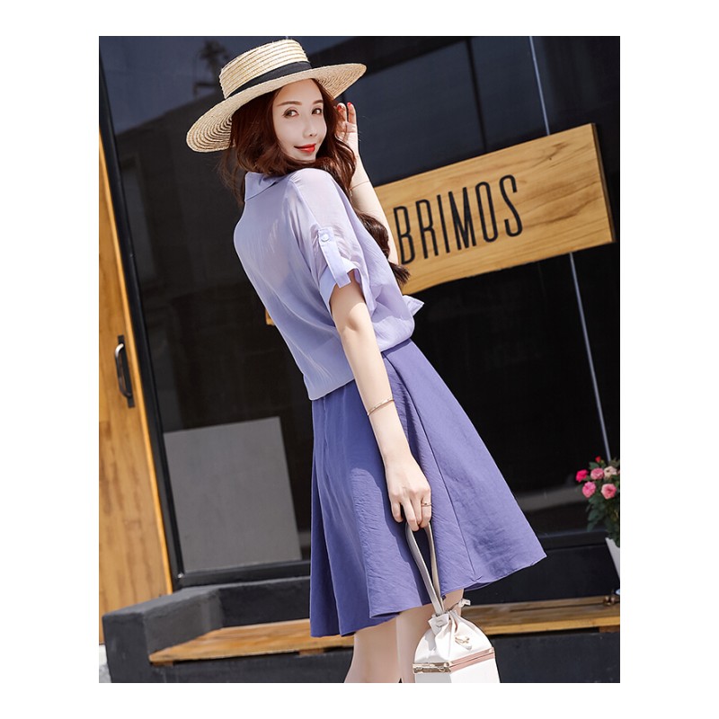 棉麻连衣裙亚麻套装裙子2018夏季新款女装韩版两件套小个子带裙紫色