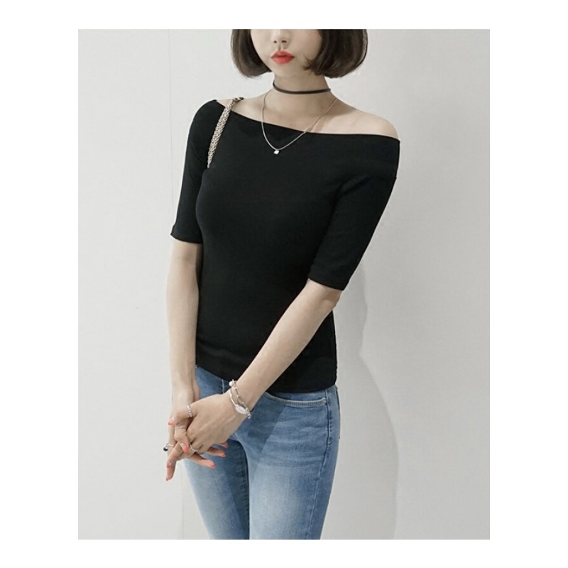 棉T恤女中袖一字肩修身显瘦露肩紧身春秋五分袖韩国女装黑色上衣
