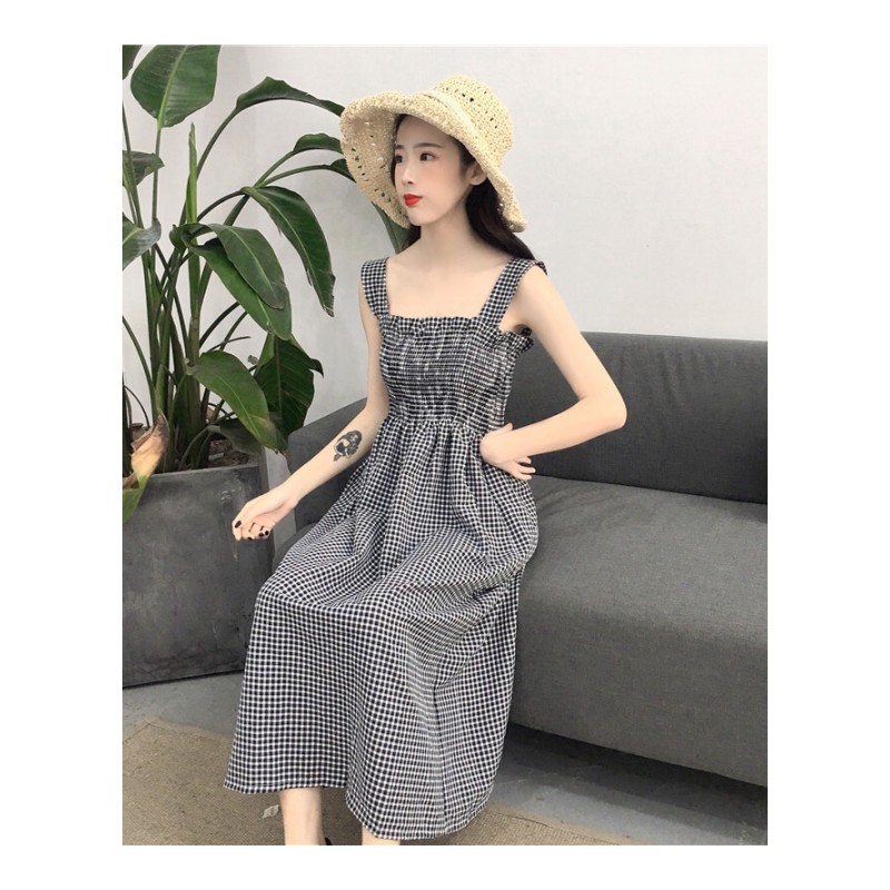 夏季新款女装中长款抹胸格子高腰修身显瘦学生无袖打底连衣裙长裙红色均码