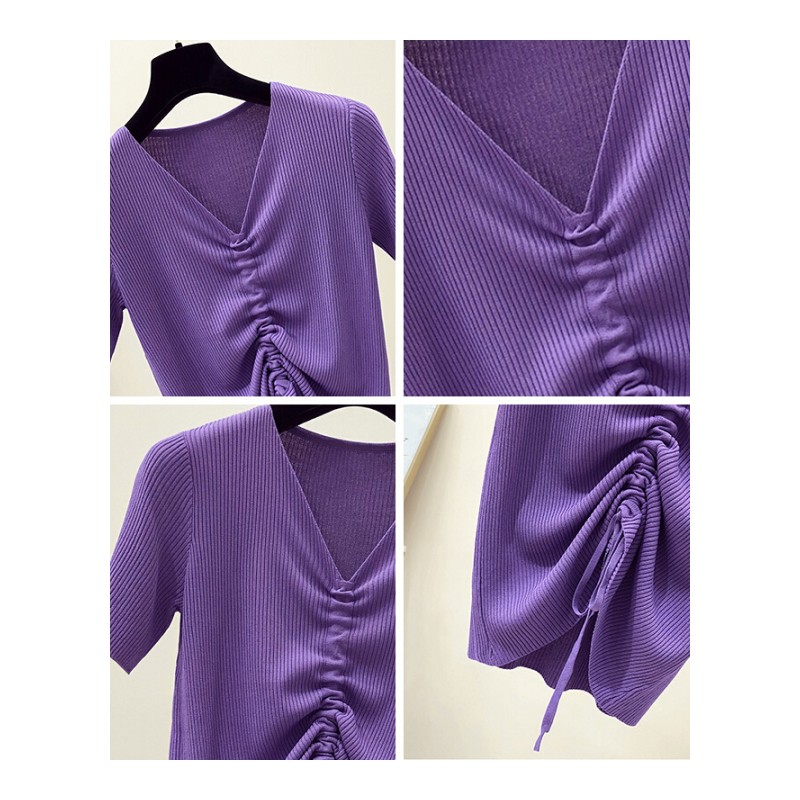 2018夏装新款修身抽绳紫色V领短袖T恤女冰丝针织露脐性感上衣服潮白色均码