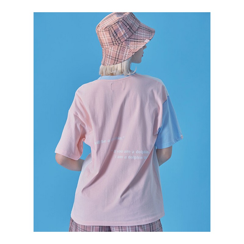 韩国设计师品牌ulzzang18夏原宿风海豚印花拼色宽松短袖圆领T恤女