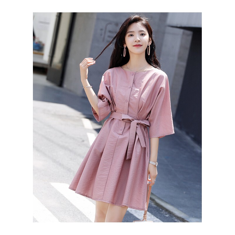 小个子粉色两穿裙子女夏2018新款极简主义收腰中长ins雪纺连衣裙豆沙粉