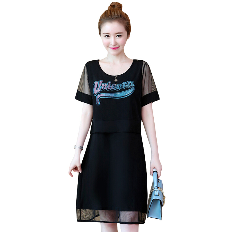 2018新款女装夏装胖mm小心机显瘦假两件连衣裙大码印花短袖裙减龄黑色