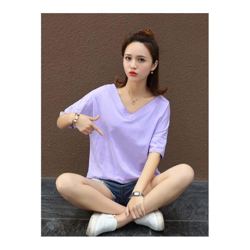 黑色T恤女短袖V领露背ins上衣服百搭女装夏装2018新款宽松韩版丅