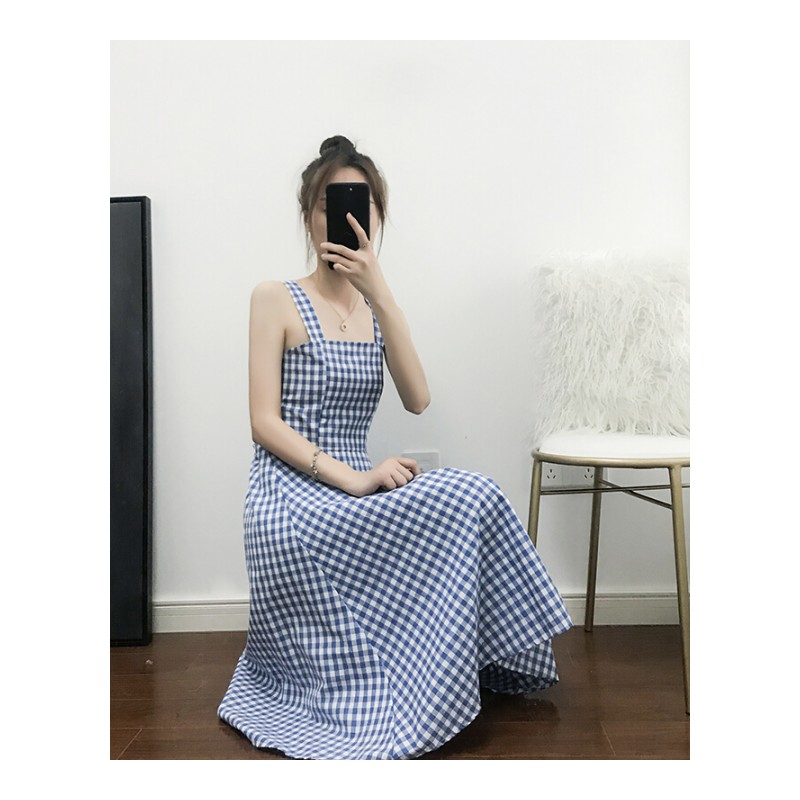 冷淡风连衣裙女夏季2018新款韩版潮小清新收腰中长款格子带裙子
