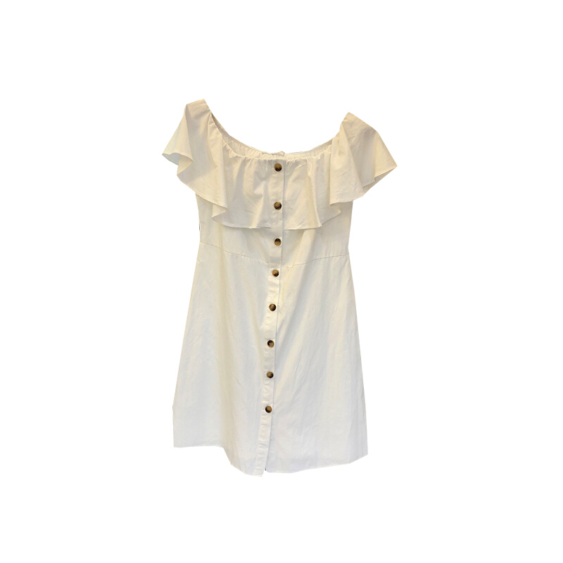 2018夏装新款韩版百搭荷叶边一字领单排扣净色收腰A字摆连衣裙女黑色均码