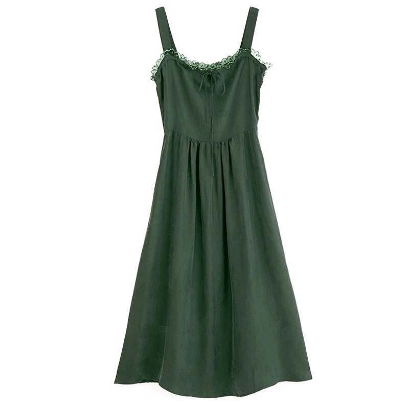 带裙女夏2018新款港味复古长款温柔风气质小清新连衣裙外穿墨绿色薄款清凉透气