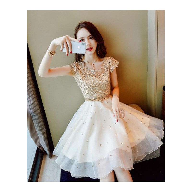 蕾丝连衣裙女夏装2018新款气质收腰名媛小香风欧根纱蓬蓬a字裙子杏色