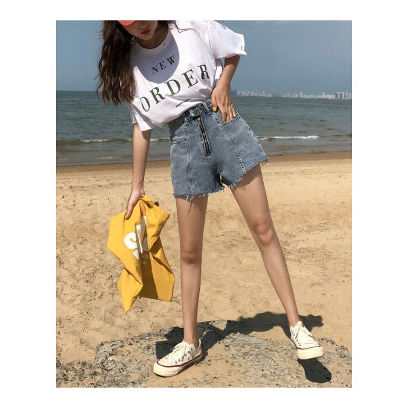 夏季女装新款韩版宽松百搭毛边牛仔裤高腰个性浅色阔腿裤短裤热裤浅蓝色