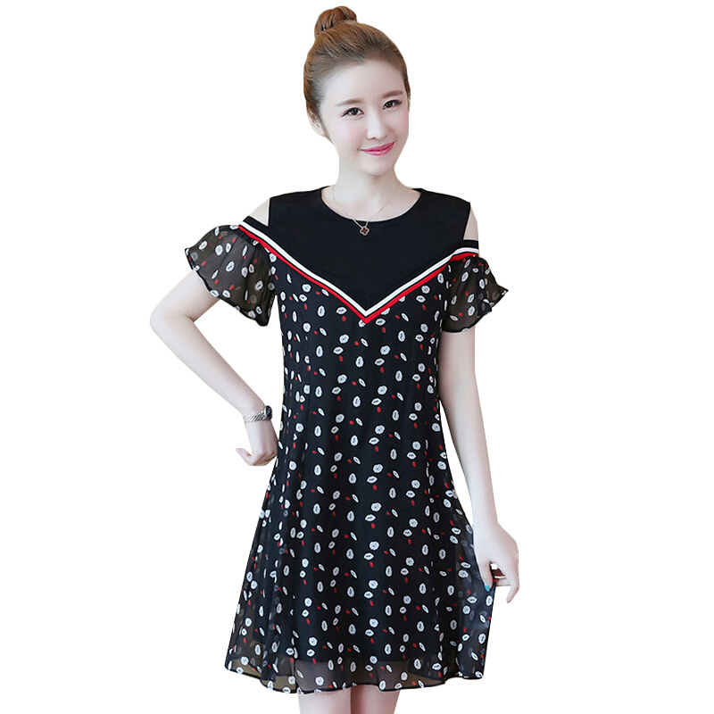 胖mm上衣露肩裙大码萝莉女装200斤假两件连衣裙中长款夏季黑色