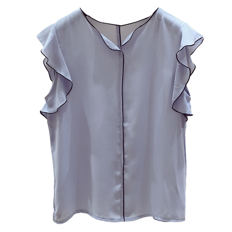飞飞袖雪纺衫女夏季2018新款韩版拼色宽松洋气小衫小清新无袖上衣