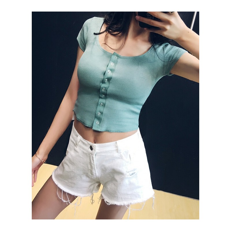 欧美ins网红同款短袖纽扣打底衫短款露脐紧身显胸针织T恤女夏上衣