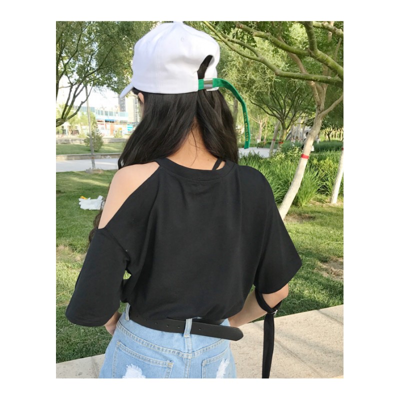 春夏女装韩版宽松百搭破洞露肩学生短袖T恤纯色打底衫体恤上衣潮黑色均码