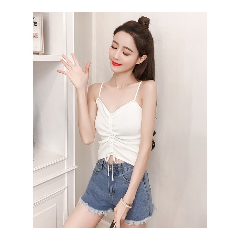 夏季新款无袖性感抽绳打底复古chic港味上衣外穿针织小带背心女 黑色 均码
