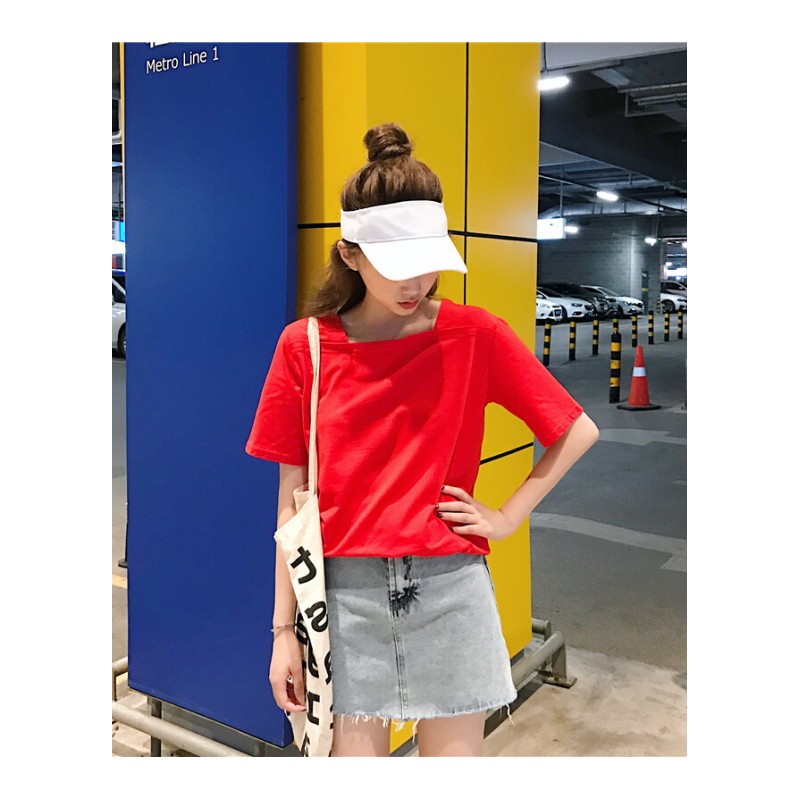夏装2018新款宽松韩版学生条纹白色T恤女短袖方领上衣