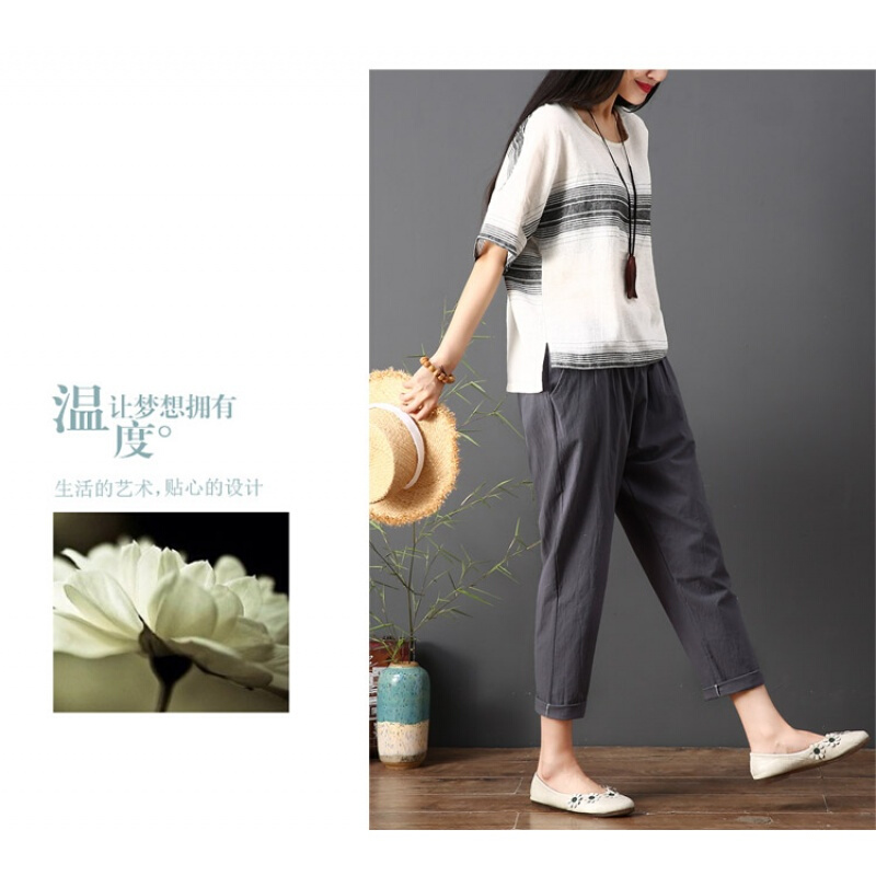 文艺棉麻女装两件套2018夏季新款韩版大码显瘦亚麻九分裤休闲套装