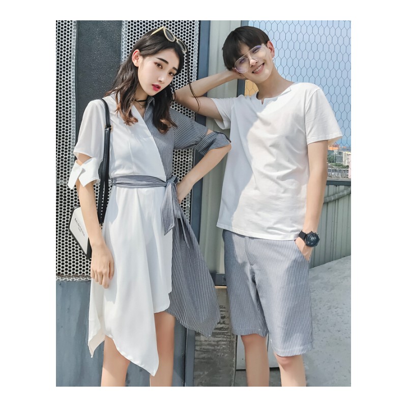 ins超火的不一样情侣装夏季2018新款套装短袖T恤男女连衣裙子韩版