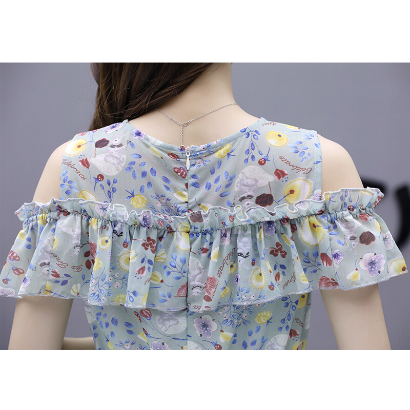 雪纺连衣裙女夏2018新款韩版收腰显瘦露肩裙子一字肩小个子碎花裙