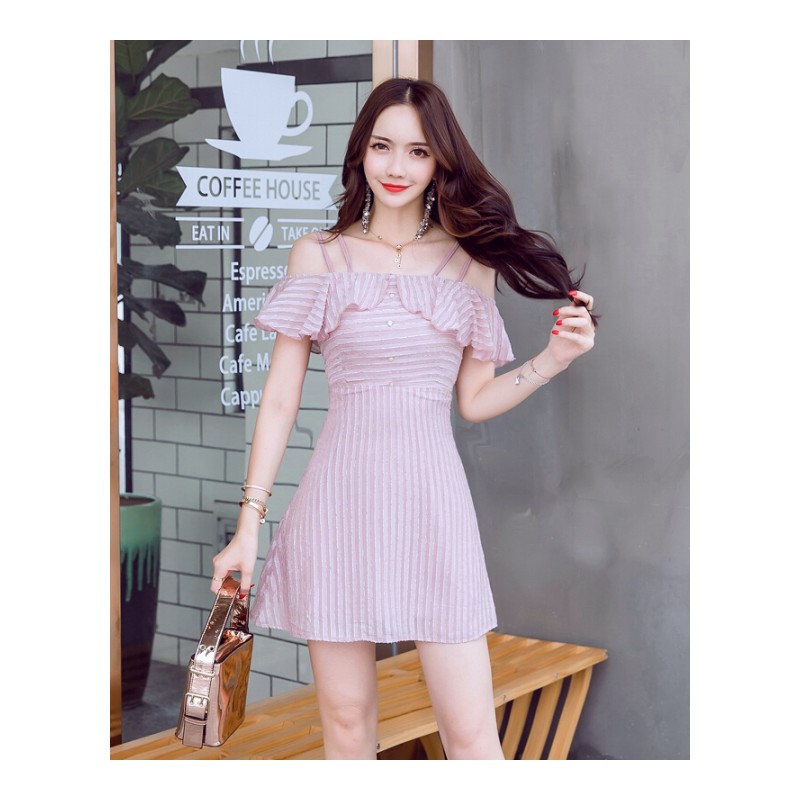 酒吧女装2018新款潮夏装气质显瘦一字肩带裙子性感小心机连衣裙粉色