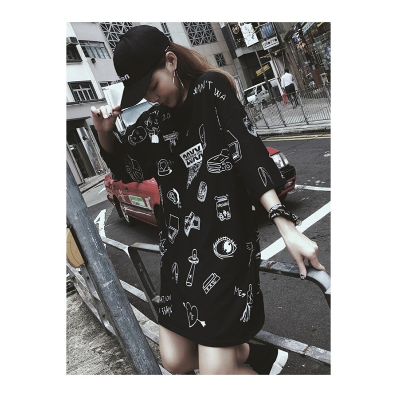 下身失踪黑色T恤女嘻哈bf港味中长款潮牌ins超火的上衣体恤学生潮黑色