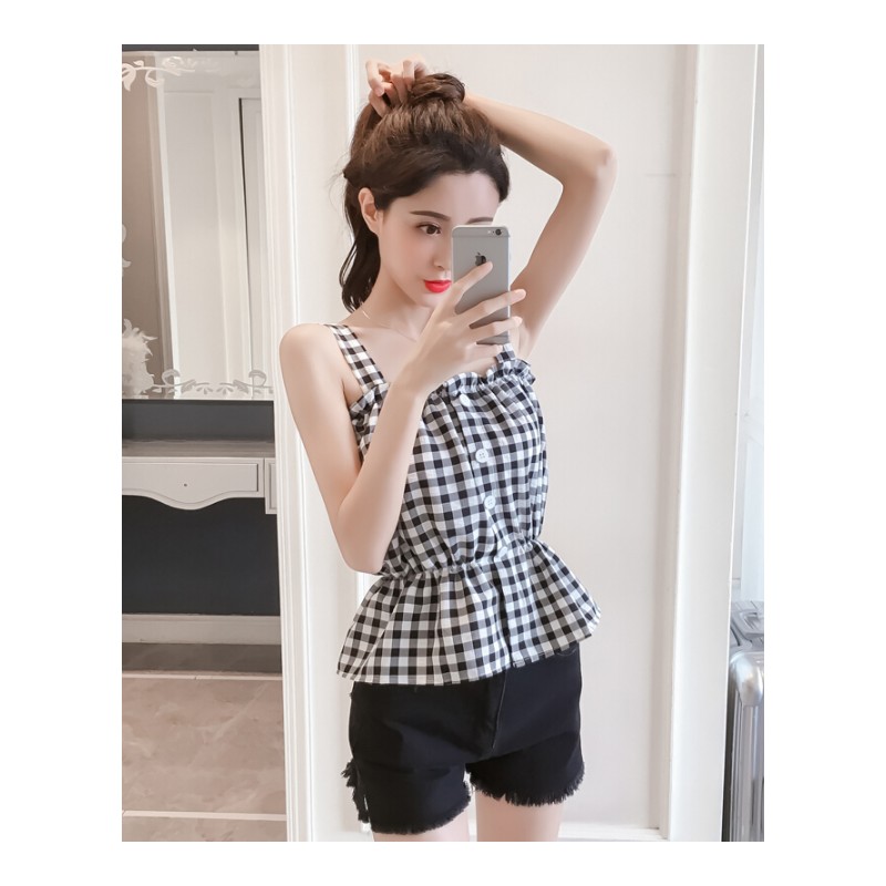 夏装新款韩版港味带小清新外穿内搭无袖打底背心T恤格子上衣女