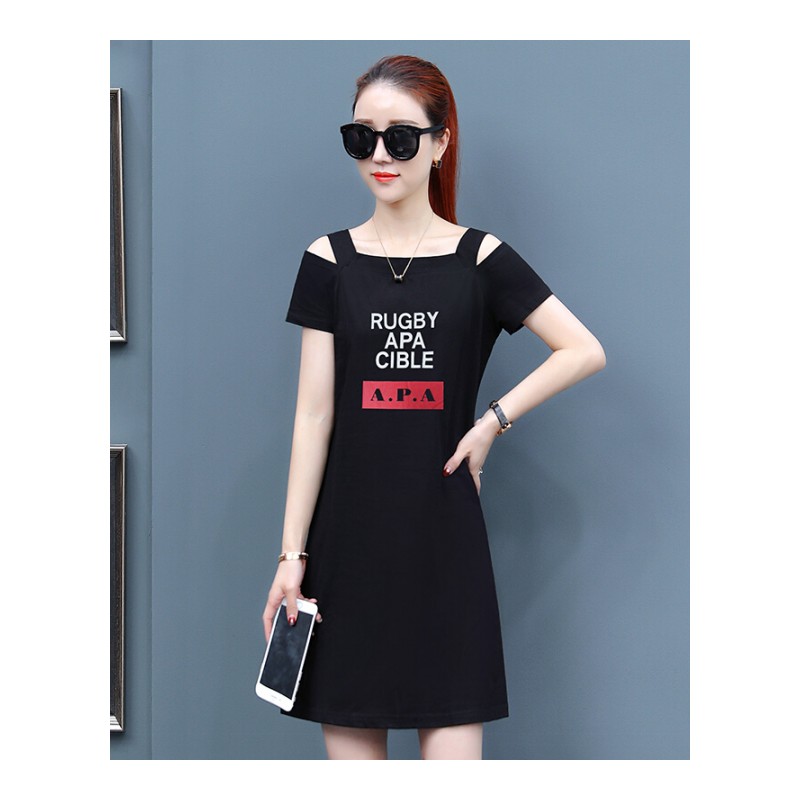 2018新款女装T恤女夏装短袖露肩中长款宽松漏肩上衣一字肩体恤裙19912字母黑色