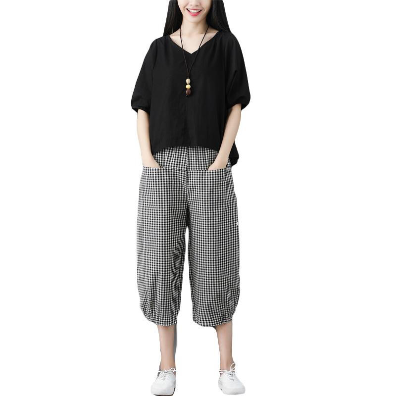 韩版休闲棉麻套装女时尚宽松大码T恤搭配格子阔腿裤亚麻两件套夏