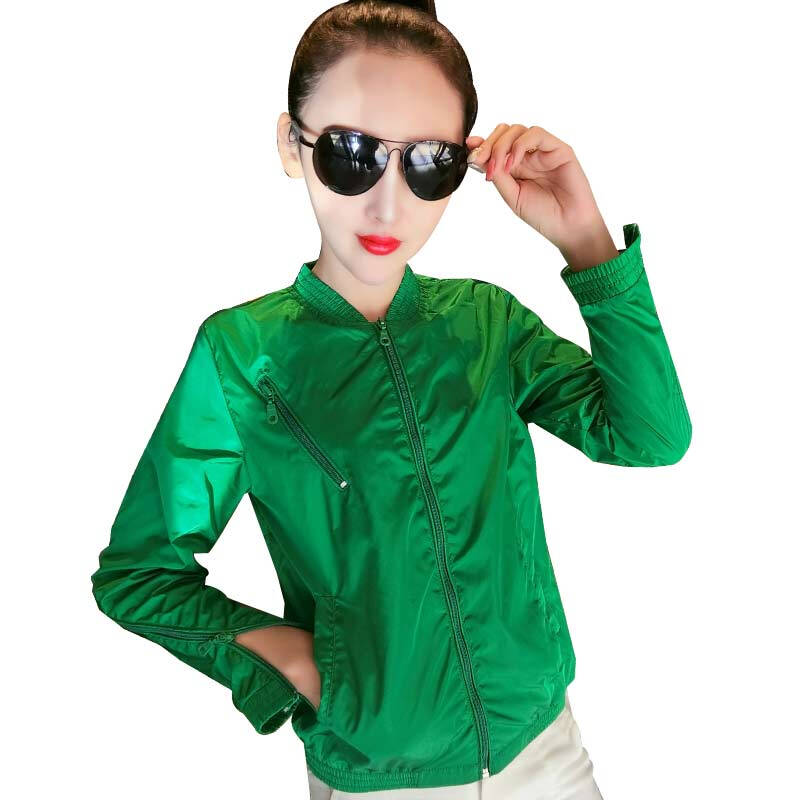 2018夏季新款女装韩版立领长袖防晒服百搭棒球服夹克衫宽松短外套绿色M建议体重90-100