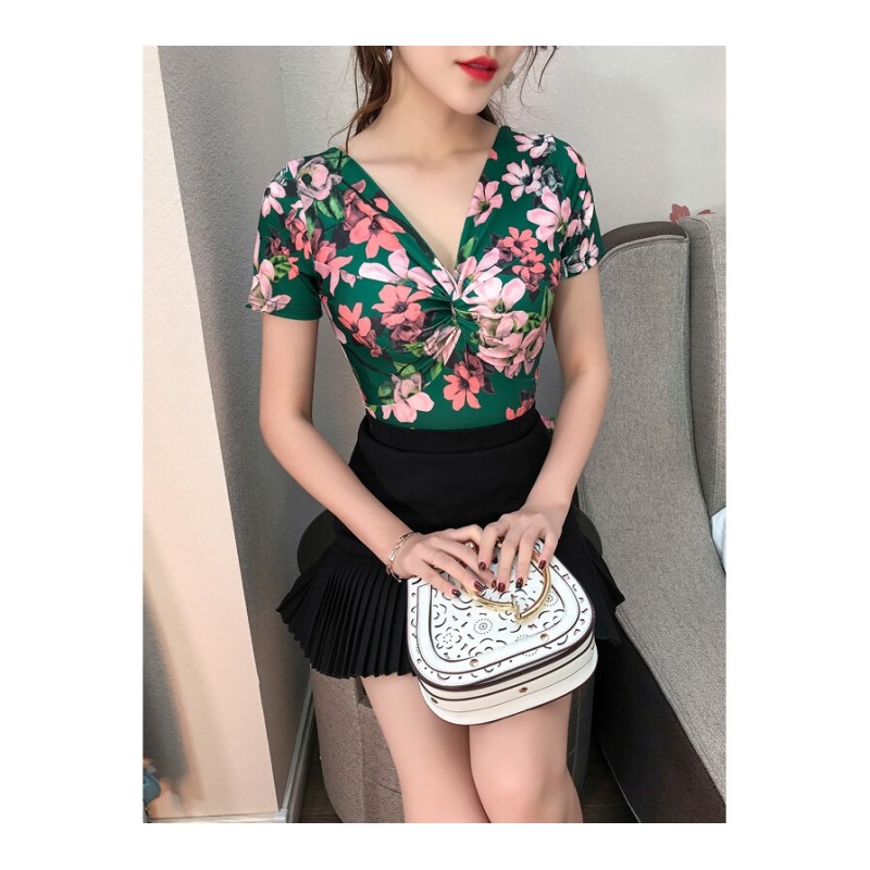 夏款2018新款短袖T恤女性感女装V领蝴蝶结收腰修身印花上衣打底衫