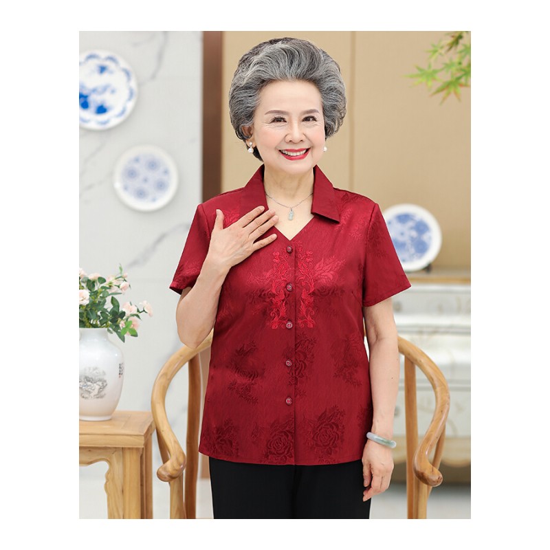 中老年女妈妈装衬衫两件套老码衣服奶奶夏装60-70岁短袖套装