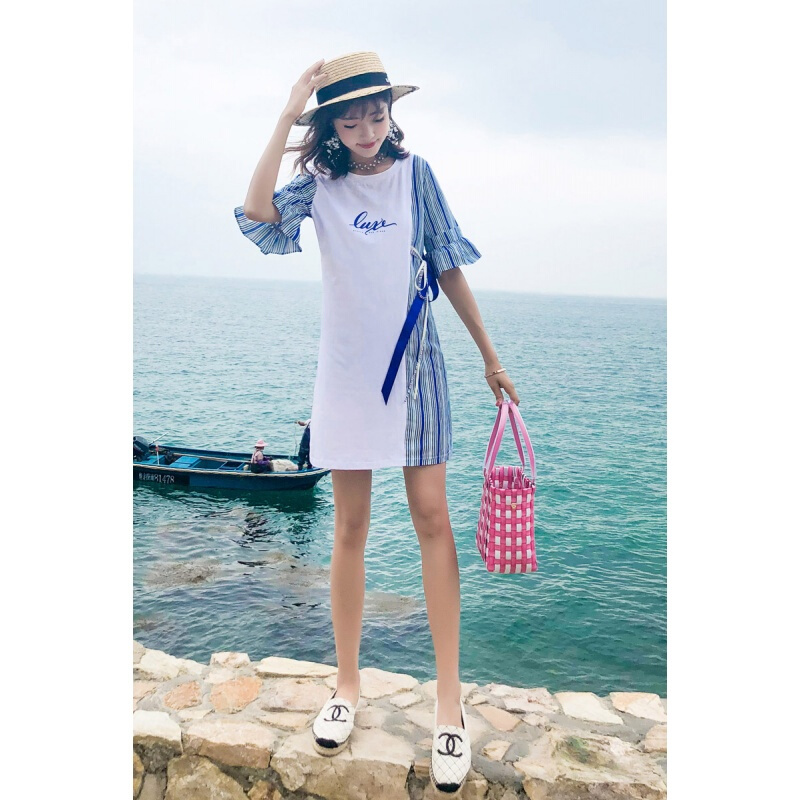 裙子女夏季2018新款韩版小清新少女sukol收腰竖条纹休闲T恤连衣裙蓝白