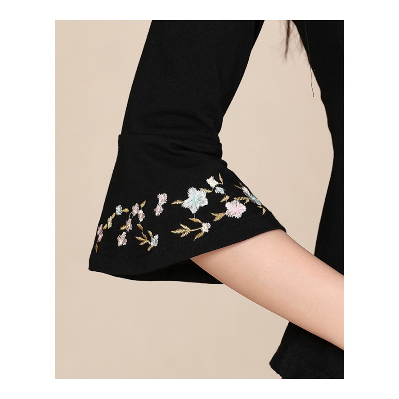 2018春秋中国民族风绣花半袖显瘦打底T恤女复古大码修身上衣