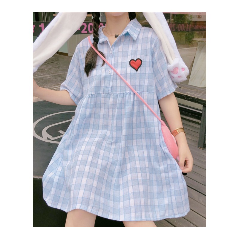 2018夏季新款女装小清新韩版爱心格子连衣裙宽松显瘦可爱娃娃裙萌粉红色均码