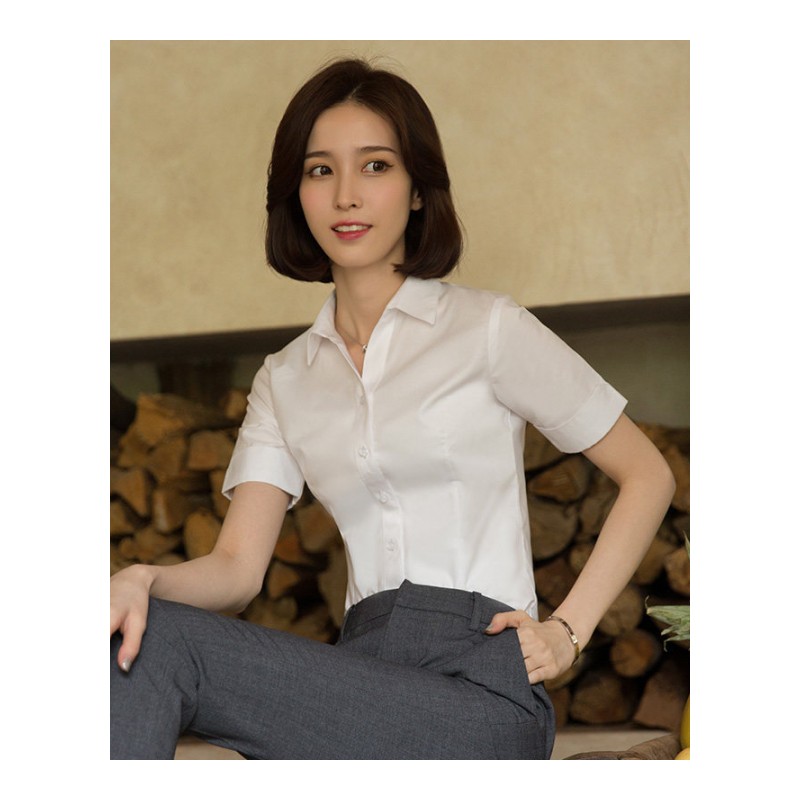 职业白衬衫女短袖V领工作服ol2018夏季新款面试正装修身衬衣