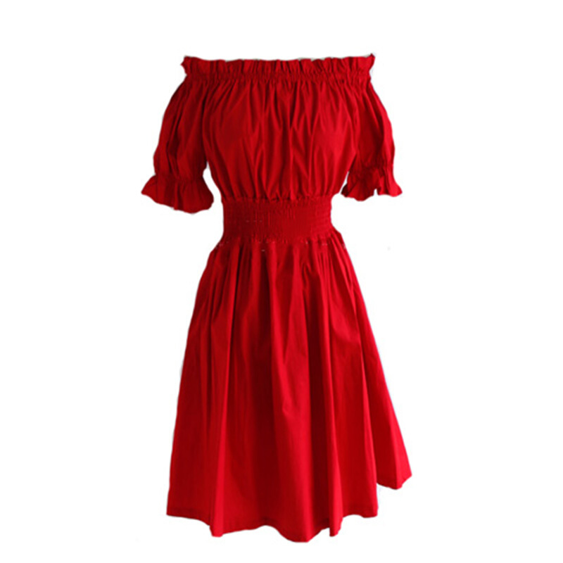 一字肩连衣裙女夏装2018新款韩版学生初恋裙显瘦收腰红色露肩裙子