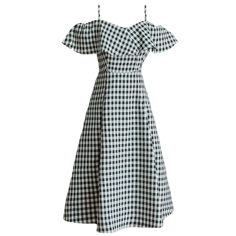 格子露肩带裙2018夏季新款小清新复古显瘦一字肩荷叶袖连衣裙女
