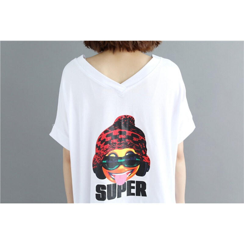 胖mm爱遮肚上衣显瘦200斤韩版大码女装夏宽松V领印花T恤白色大码均码[110-220斤]