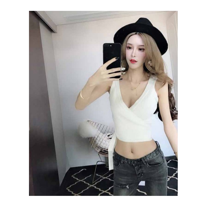 2018春夏新款主播服装V领低胸露肚脐短款上衣背心女小心机打底衫白色均码