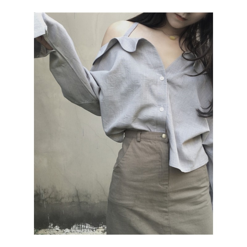 春秋韩版长袖衬衫女百搭心机港味复古宽松性感露肩带chic上衣 灰色 均码